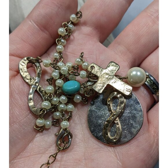 Elegant Religious Cross And Infinity Charm Necklace With Faux Pearl Accents - Picture 3 of 5